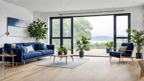 Modern living room with navy blue sofa and armchair, light wood floors, large windows showcasing a tranquil lake view, and abundant houseplants.