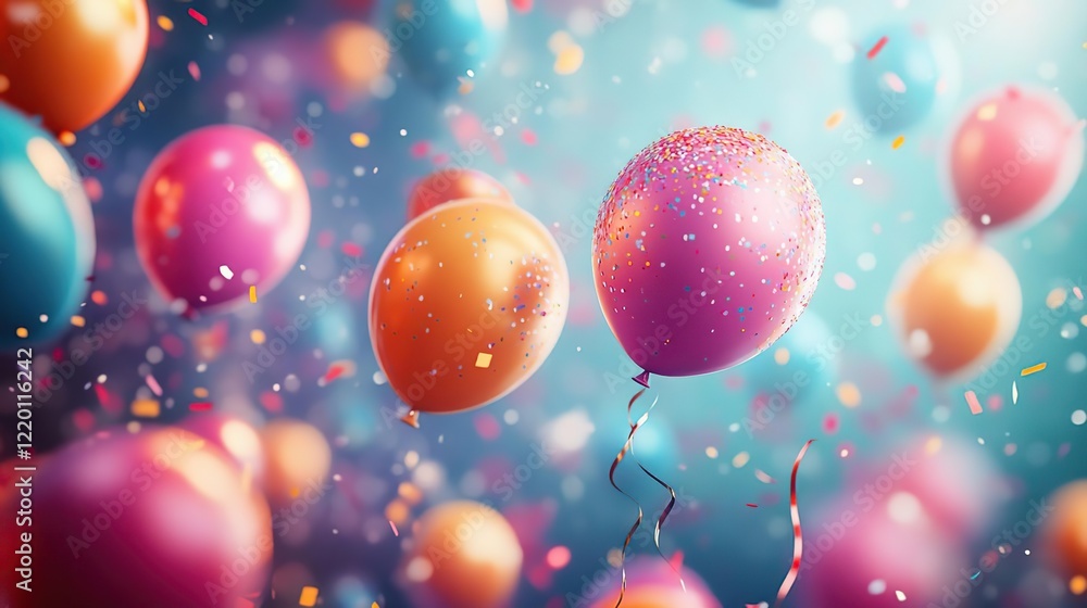 balloons and confetti are flying in the air with a blue background balloons and confetti are flying in the air with a blue background