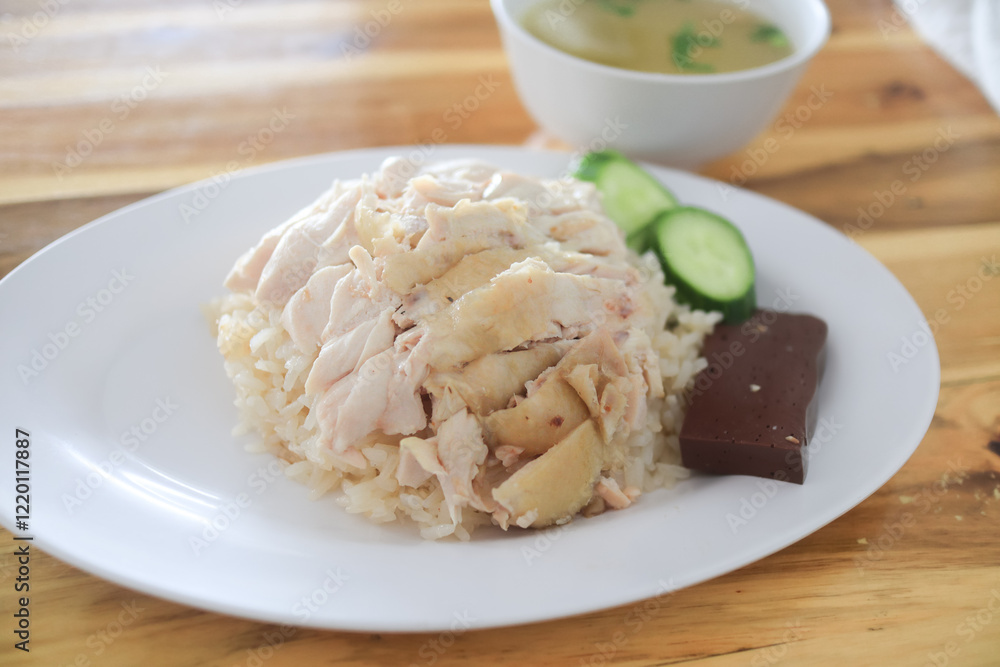 Chicken rice in a white plate with cucumber and soup in a cup, Thai called Khao Man Kai, a famous Thai Food. Chicken rice in a white plate with cucumber and soup in a cup, Thai called Khao Man Kai, a famous Thai Food.
