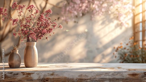 two vases with flowers on a table in the sun photo