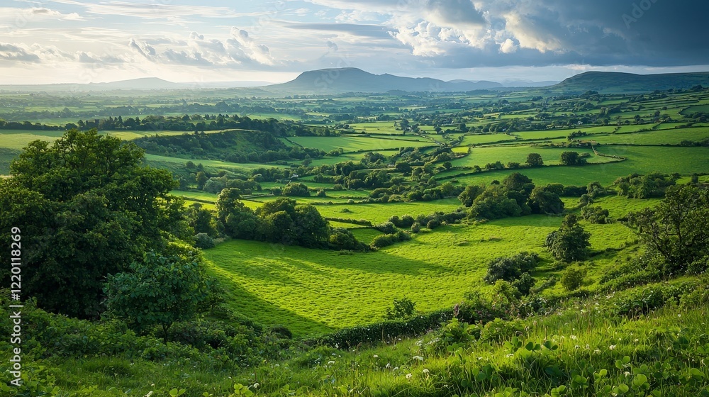 Fototapeta premium Scenic Green Landscape with Rolling Hills and Dramatic Sky