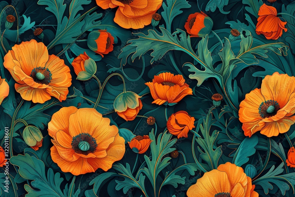 Vibrant orange poppies bloom against a deep teal backdrop. A lush, detailed illustration of nature's beauty. Vibrant orange poppies bloom against a deep teal backdrop. A lush, detailed illustration of nature's beauty.