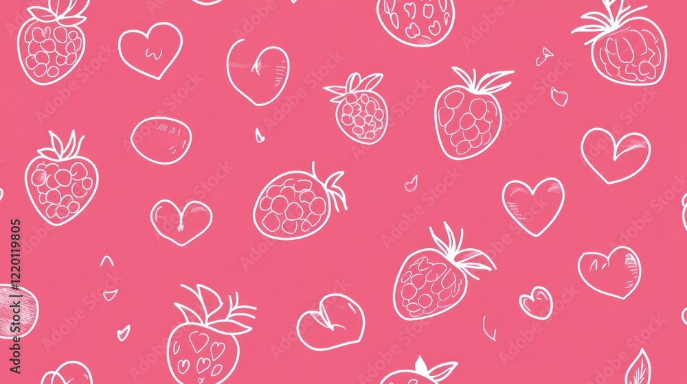 Pink seamless pattern with white line drawing of berries and hearts, on a pink background. Vector illustration, in a flat, cute, and minimalistic Pink seamless pattern with white line drawing of berries and hearts, on a pink background. Vector illustration, in a flat, cute, and minimalistic