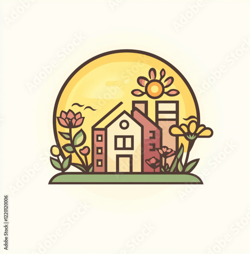 a logo of an outline of a home with flowers and a huge sun in the background and buildings. The colors are yellow, light green, burgandy. Modern logo photo