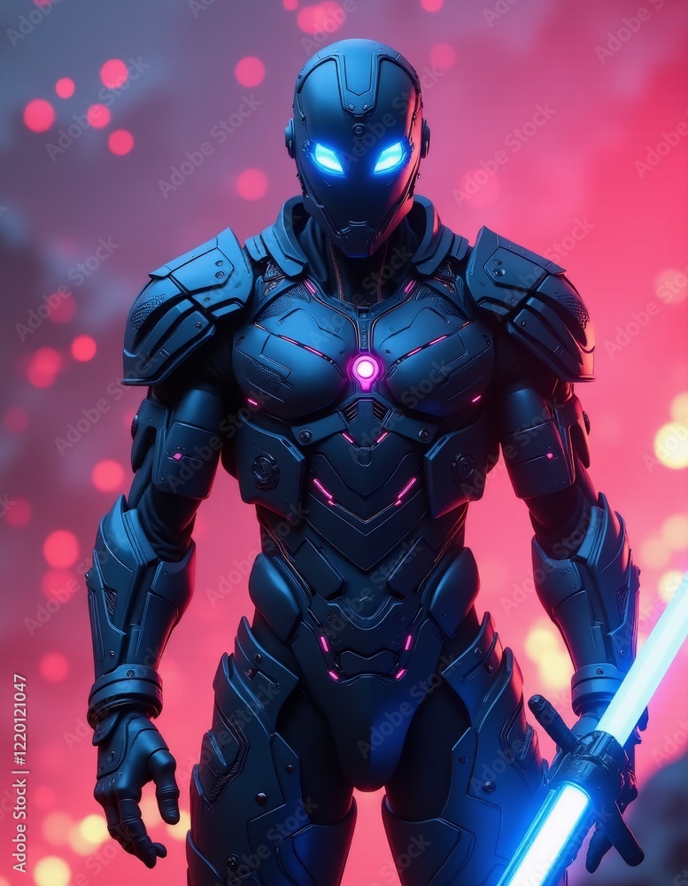 Fototapeta premium Futuristic Warrior with Glowing Blue Eyes, Holding a Sword