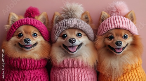Three Pomeranians in winter hats and sweaters, studio shot, pink background, pet fashion