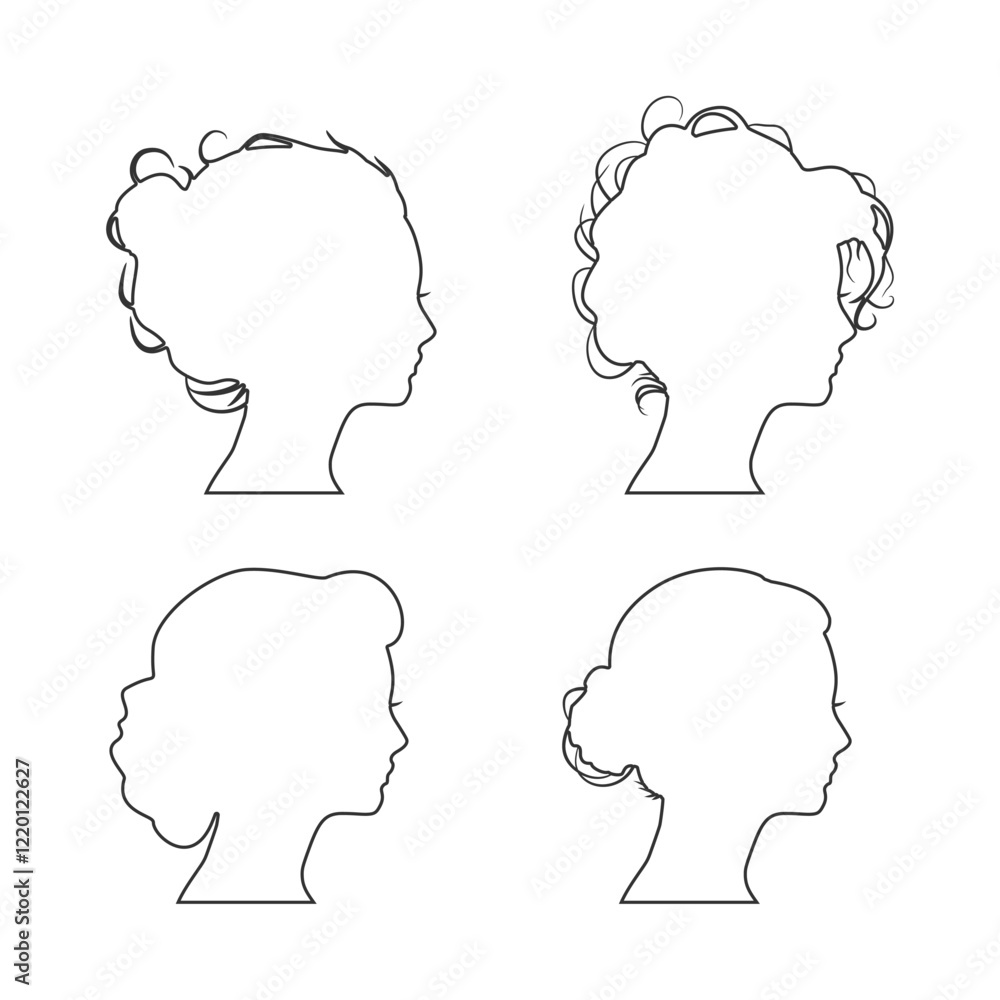 Young women face side view icon outline silhouettes set. Elegant silhouettes of a female head. Avatar profile sign Young women face side view icon outline silhouettes set. Elegant silhouettes of a female head. Avatar profile sign