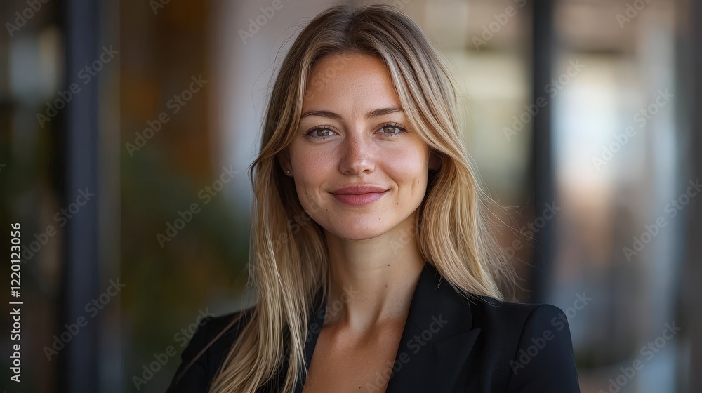 Confident woman with long hair smiling in modern office setting Confident woman with long hair smiling in modern office setting