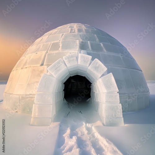 Traditional arctic Eskimo igloo made of ice blocks in snowy landscape, igloo entrance with frozen details in polar region, eskimos dome, snowhouse in frozen world, glacier, snow shelter built by Inuit photo