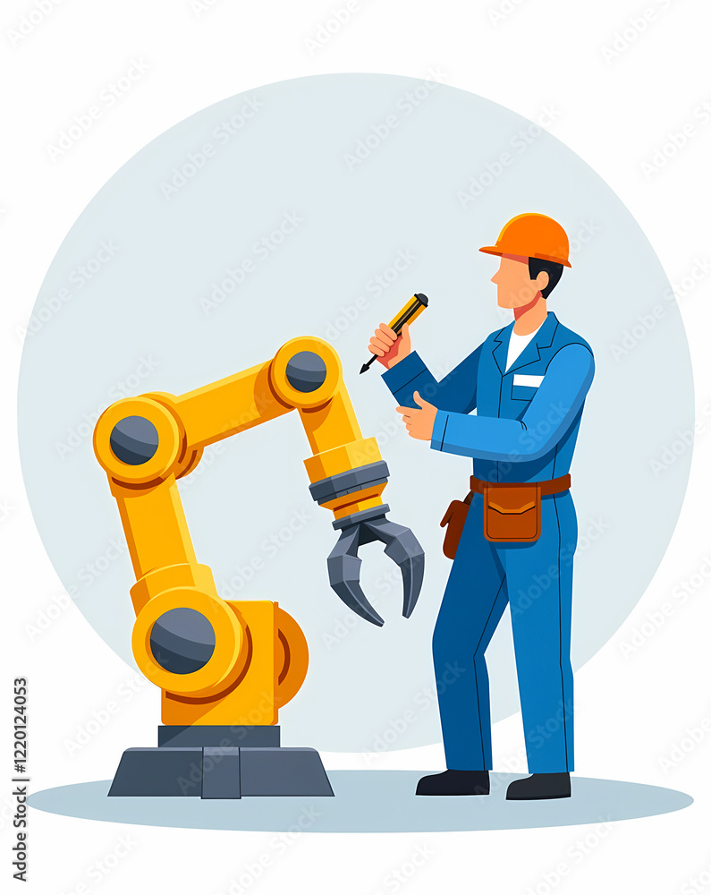 technician in a blue uniform interacts with a yellow robotic arm showcasing automation in the industrial sector. technician in a blue uniform interacts with a yellow robotic arm showcasing automation in the industrial sector.