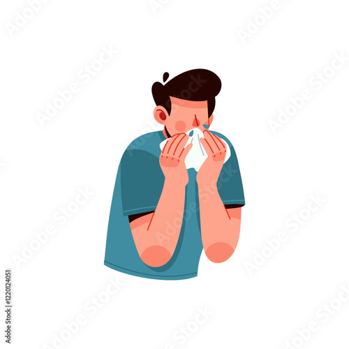 Illustration of man suffering cold, runny nose, congestion. Male character with handkerchief in his hands sneezes. Sick treatment. Flat design isolated on white background