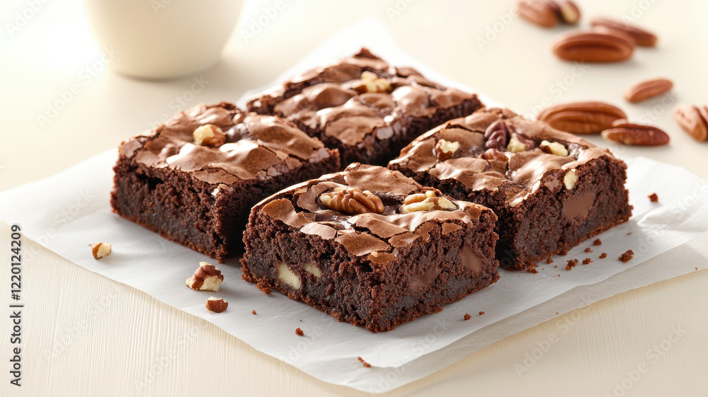 Freshly baked brownies with gooey chocolate center, topped with nuts, perfect for dessert lovers. Indulge in this rich and decadent treat that satisfies every sweet craving Freshly baked brownies with gooey chocolate center, topped with nuts, perfect for dessert lovers. Indulge in this rich and decadent treat that satisfies every sweet craving