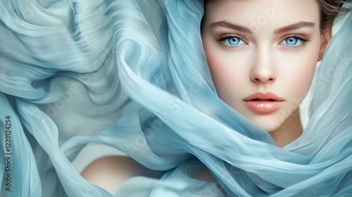 Ethereal Beauty with Blue Eyes Surrounded by Flowing Silk Fabric