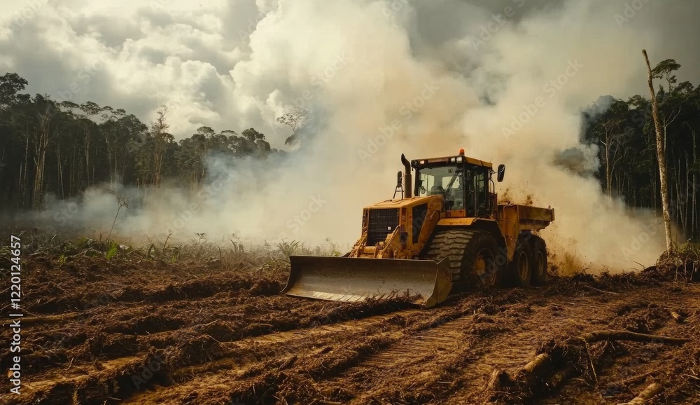 Fototapeta premium A yellow bulldozer is driving through a field of dirt and smoke
