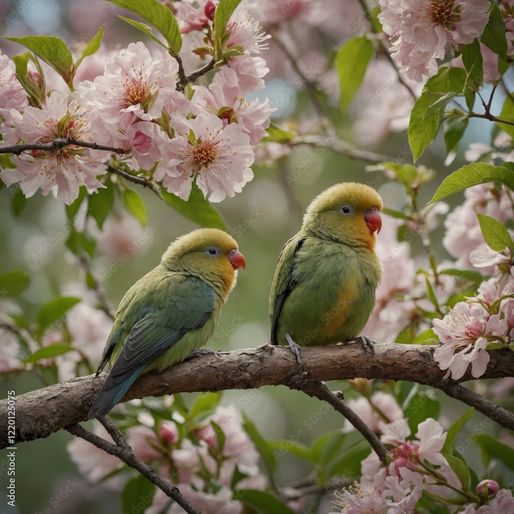 Baby lovebirds sitting close together on a tree branch, with blooming flowers around them. Baby lovebirds sitting close together on a tree branch, with blooming flowers around them.