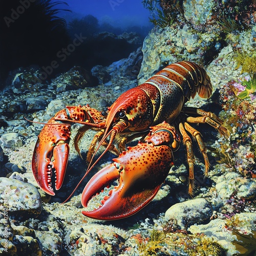 Vibrant lobster navigating through rocky underwater landscape. photo