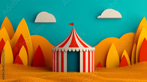 Colorful circus tent surrounded by vibrant hills whimsical illustration bright environment playful concept