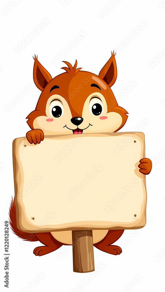 Obraz premium cheerful cartoon squirrel holding a blank wooden sign