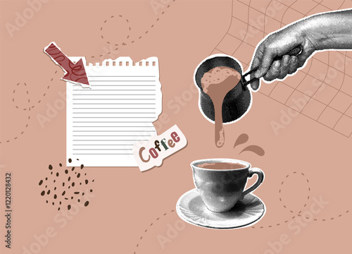 Trendy halftone collage. Hand with halftone effect pouring hot coffee into white porcelain cup on abstract background. Abstract background color Mocha Mousse