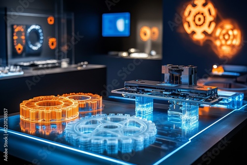 A display of gears and other mechanical parts with a blue background