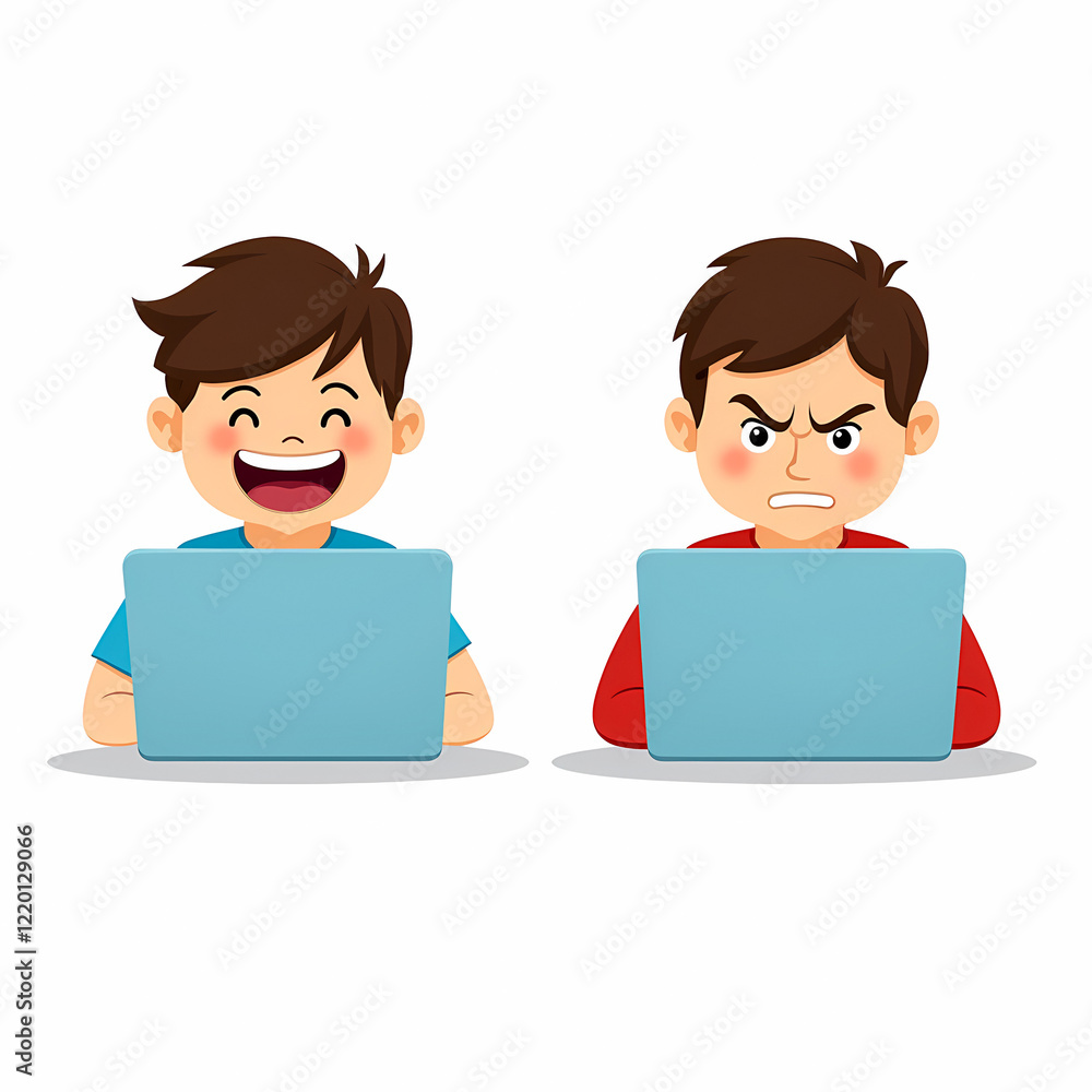 two boys using laptops display contrasting happy and angry expressions two boys using laptops display contrasting happy and angry expressions