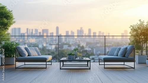 Serene Cityscape Balcony: Modern Outdoor Furniture with Stunning Sunset View