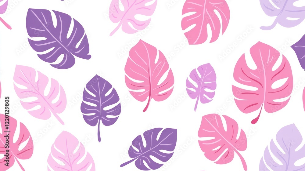 Pattern on a white background with pink and purple monstera leaves, simple shapes, and a cute design. Pattern on a white background with pink and purple monstera leaves, simple shapes, and a cute design.