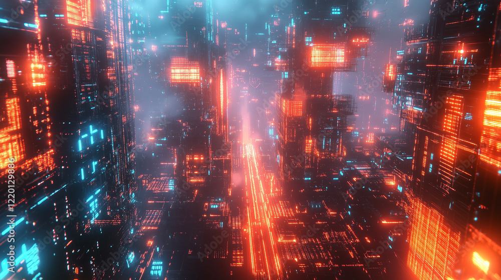 Fototapeta premium Abstract Cyberpunk Cityscape With Vibrant Neon Lights
