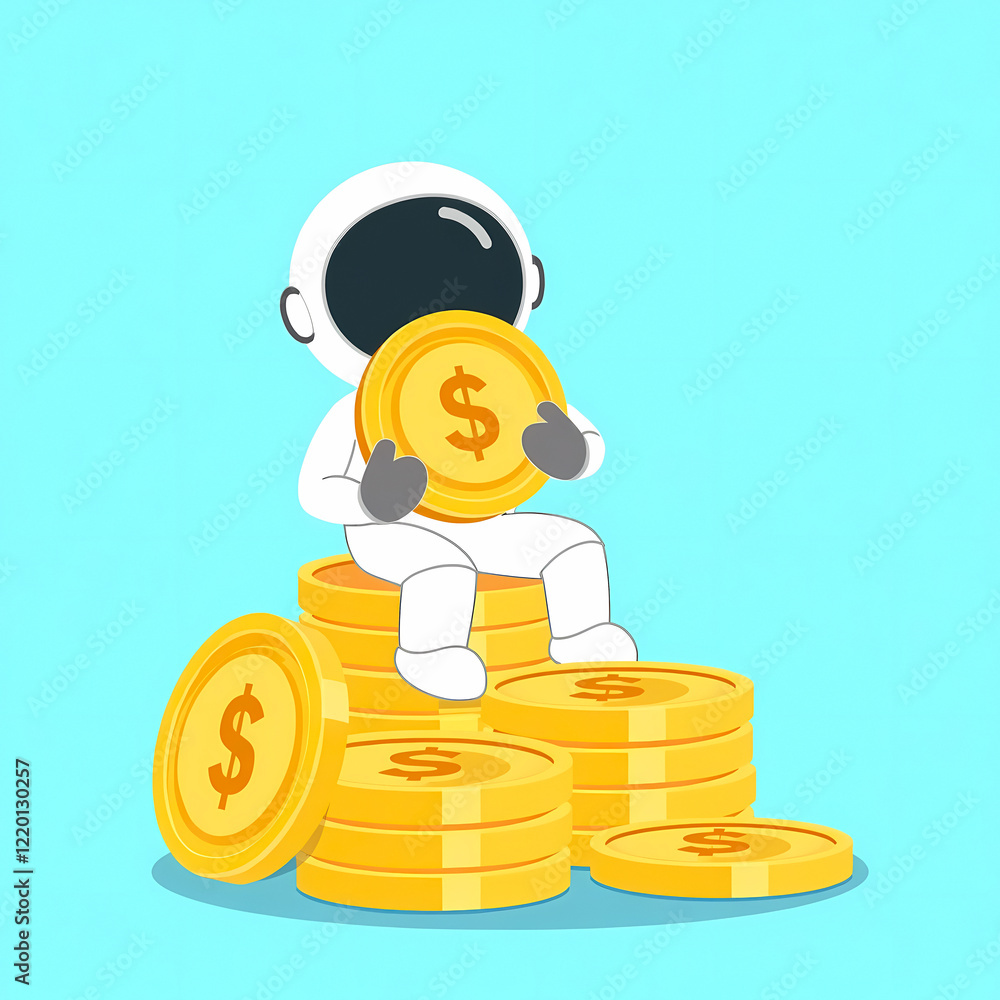 astronaut joyfully sits on a pile of gold coins symbolizing financial success and space exploration. astronaut joyfully sits on a pile of gold coins symbolizing financial success and space exploration.