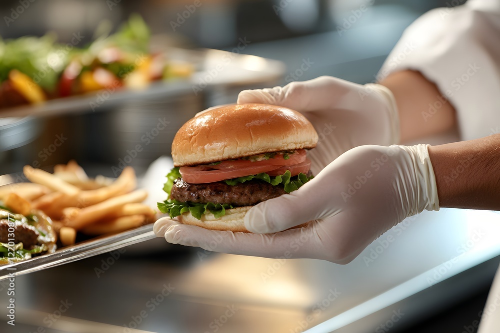 A photograph of a chef's hands in white gloves handing over a freshly made burger to someone sitting at a table in a restaurant setting, with a bright blue sky and a blurred background A photograph of a chef's hands in white gloves handing over a freshly made burger to someone sitting at a table in a restaurant setting, with a bright blue sky and a blurred background