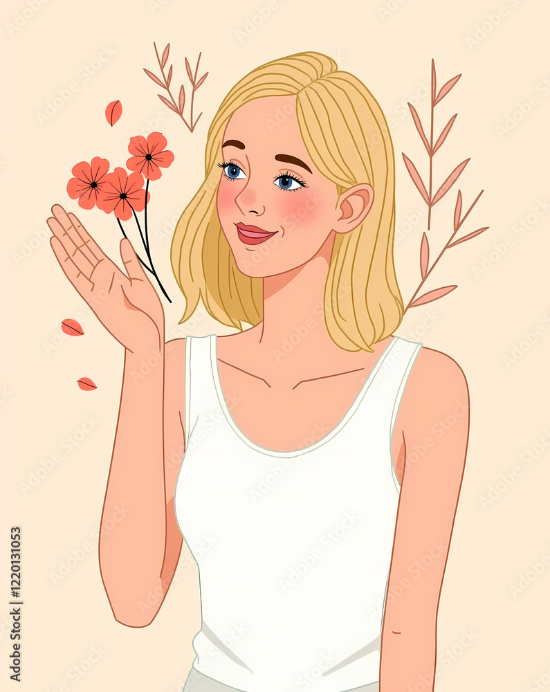 blonde woman in white tank top holding coral flowers blonde woman in white tank top holding coral flowers