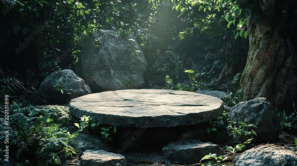 a stone bench in the middle of a forest a stone bench in the middle of a forest