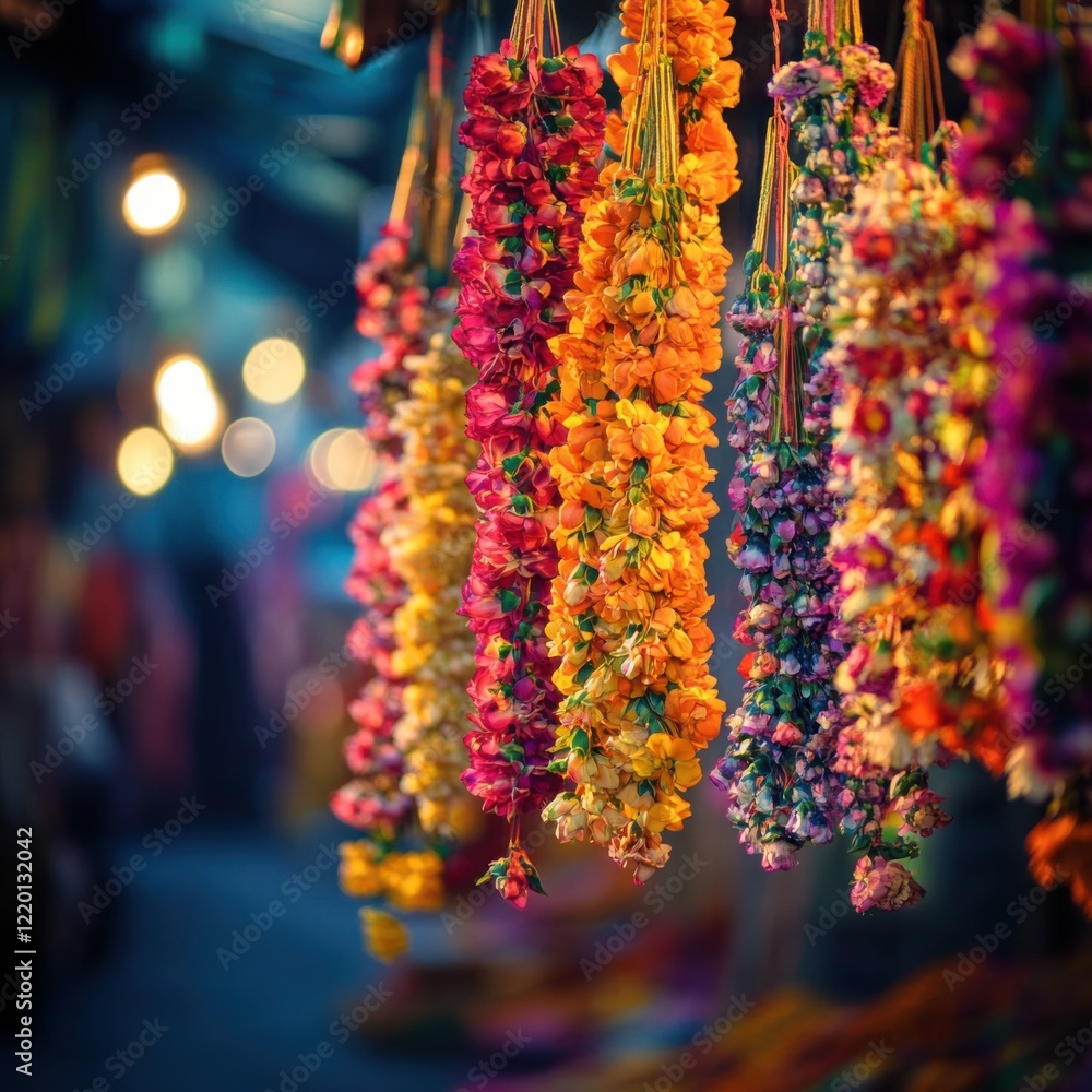 Naklejka premium Colorful Flower Garlands Hanging in Vibrant Market Setting