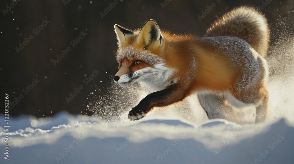 Fototapeta premium Red Fox Running Gracefully Through Snowy Winter Landscape