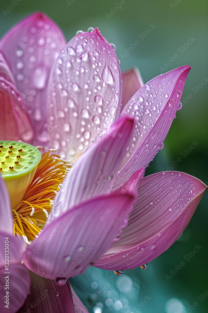 Close-Up View of Vibrant Pink Lotus in Bloom with Dew Drops