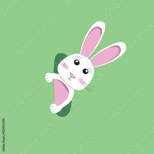 Cute white rabbit with pink ears, with a pink belly looks out of a hole. toy, cartoon rabbit. cute bunny. children's drawing. vector image.