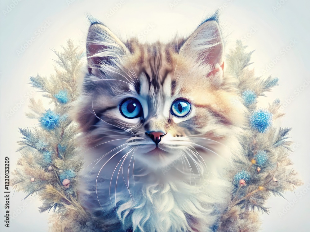Obraz premium A fluffy blue-eyed kitten in a dreamy, double-exposed surreal pet portrait.