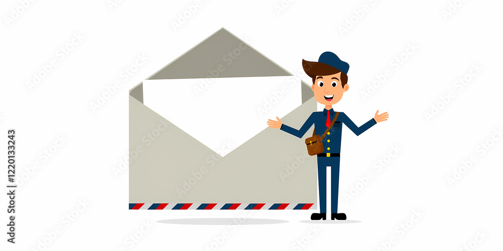 smiling postman in a blue uniform presents a large open envelope smiling postman in a blue uniform presents a large open envelope
