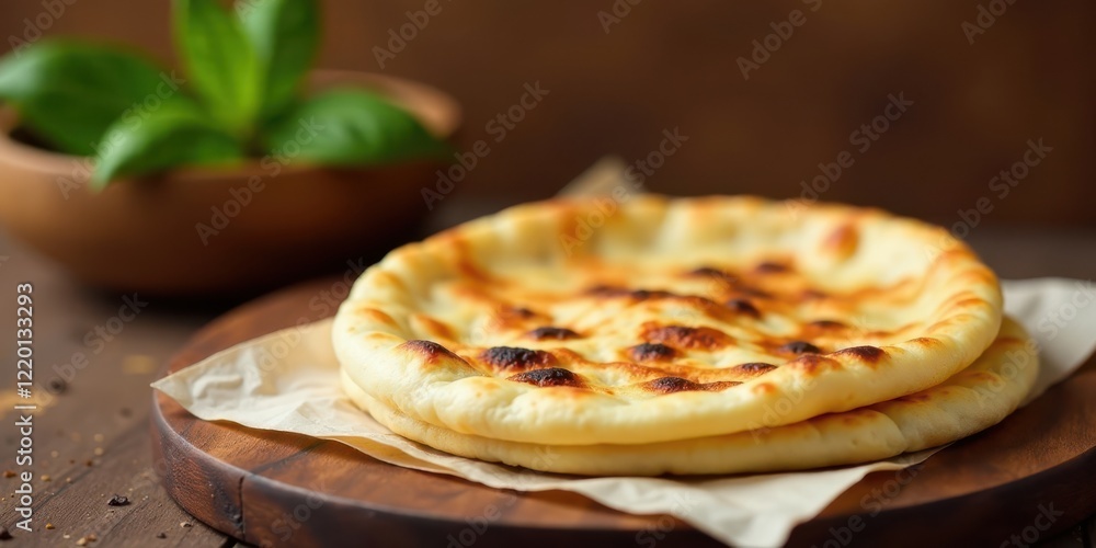 Golden-brown baked flatbreads, subtly charred edges, resting on parchment paper atop a rustic wooden board Golden-brown baked flatbreads, subtly charred edges, resting on parchment paper atop a rustic wooden board