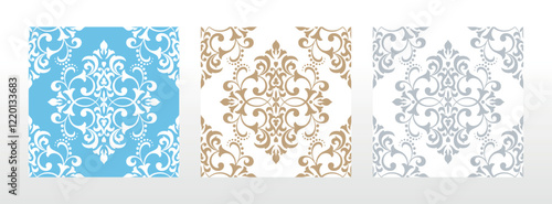 Wallpapers in the style of Baroque. Seamless vector backgrounds. Set of colored floral ornaments. Graphic patterns for fabric, wallpaper, packaging. Ornate Damask flower ornaments
