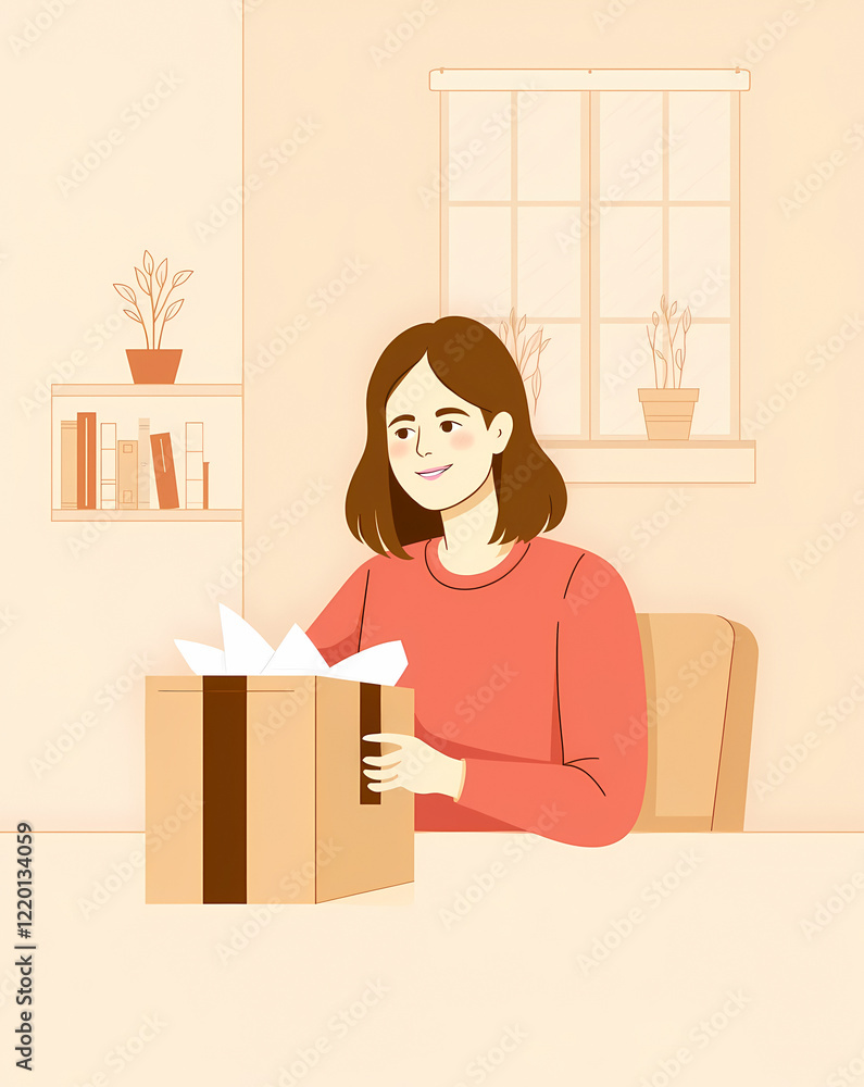 smiling woman opening a gift box indoors smiling woman opening a gift box indoors