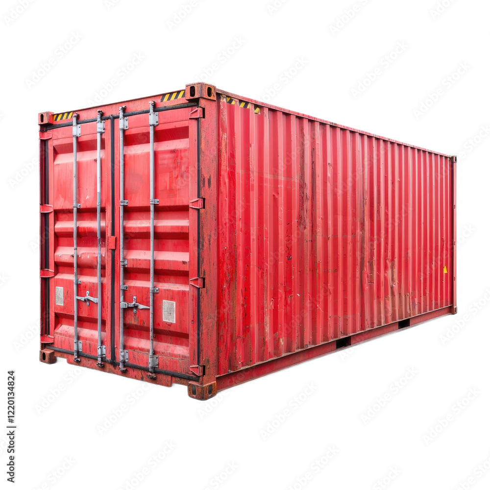 A large standard shipping container, painted in red, isolated on a transparency background A large standard shipping container, painted in red, isolated on a transparency background