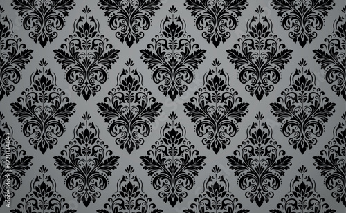 Wallpaper in the style of Baroque. Seamless vector background. Gray and black floral ornament. Graphic pattern for fabric, wallpaper, packaging. Ornate Damask flower ornament
