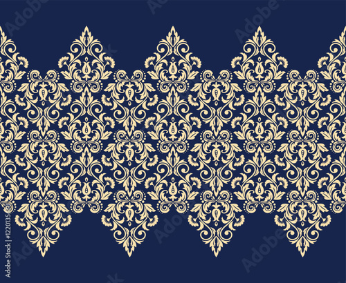 Wallpaper in the style of Baroque. Seamless vector background. Golden and dark blue floral ornament. Graphic pattern for fabric, wallpaper, packaging. Ornate Damask flower ornament
