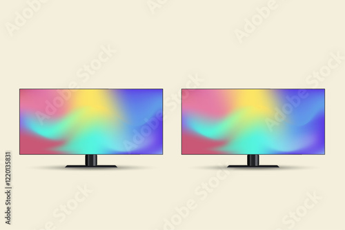 Two modern flat-screen monitors or TV mock up with a sleek, minimalistic black frame and stand. Two display showcases a vibrant gradient of colors LED mornitor.