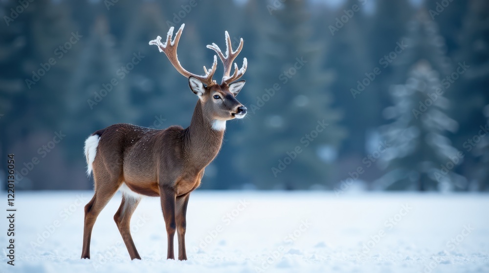 Fototapeta premium Majestic Buck in Winter Wonderland, a Solitary Creature Amidst a Frosty Forest