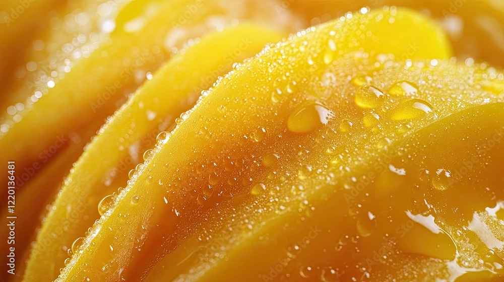 Juicy Mango Slices with Dew Drops: A Close-Up Macro Photography Juicy Mango Slices with Dew Drops: A Close-Up Macro Photography