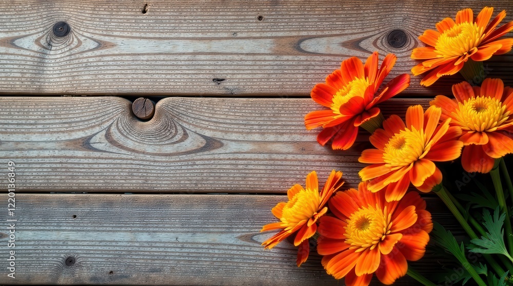 Vibrant orange blossoms arranged on rustic wooden planks, creating a cheerful and natural composition ideal for seasonal greetings or decorative purposes. Vibrant orange blossoms arranged on rustic wooden planks, creating a cheerful and natural composition ideal for seasonal greetings or decorative purposes.