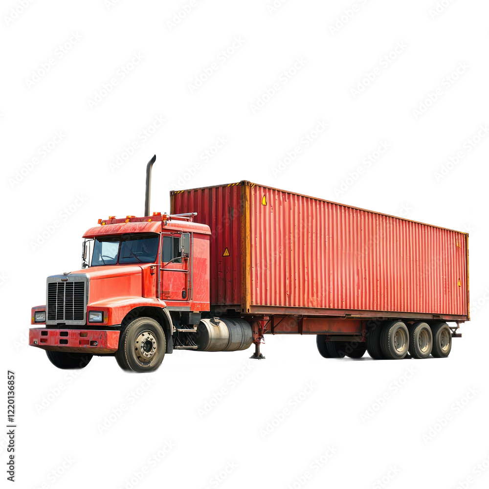 A specialized terminal tractor pulling a container trailer, isolated on a transparency background A specialized terminal tractor pulling a container trailer, isolated on a transparency background