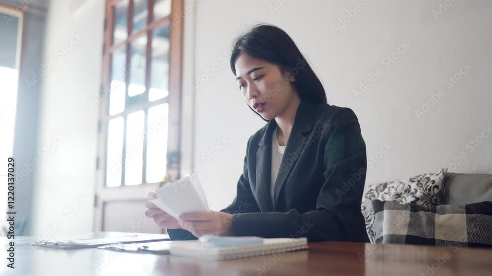 A woman in a suit is reading a piece of paper. She is sitting at a table with a notebook and a book. The scene suggests that she is working or studying, possibly for a job or school A woman in a suit is reading a piece of paper. She is sitting at a table with a notebook and a book. The scene suggests that she is working or studying, possibly for a job or school